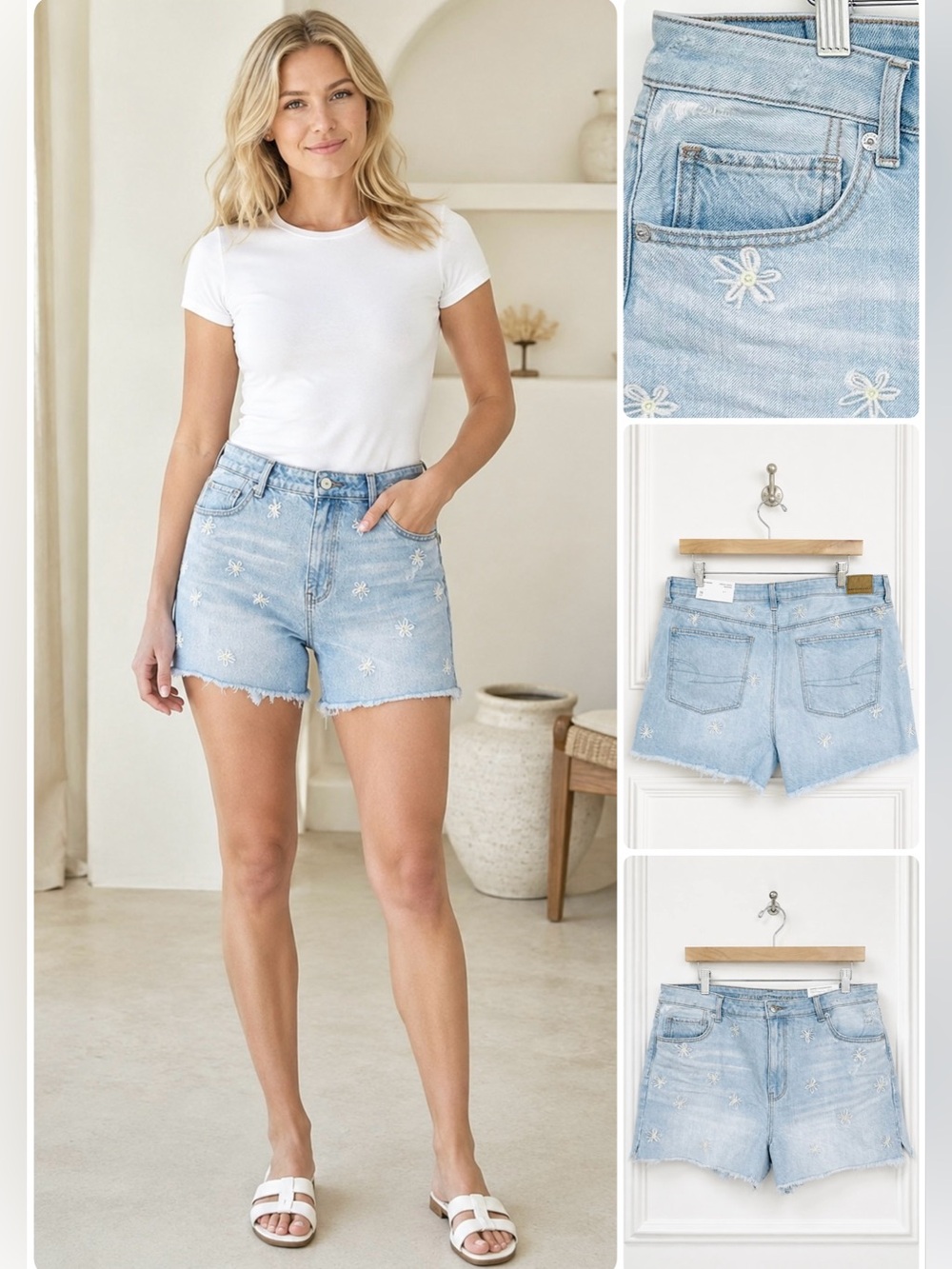 American Eagle Embroidered Denim Mom Shorts High Waist Distressed Raw Hem